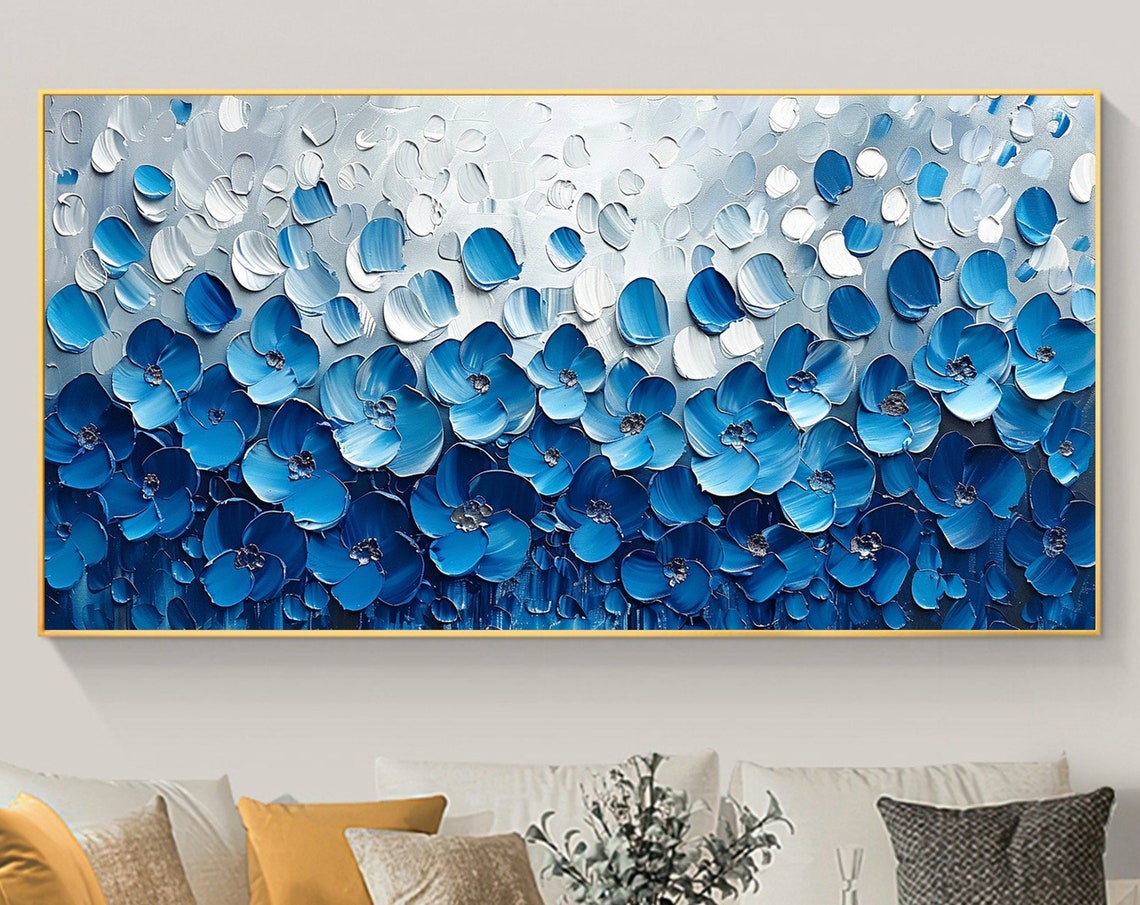 Blue and White Flower Field Ombré Gradient Impasto Floral Poster