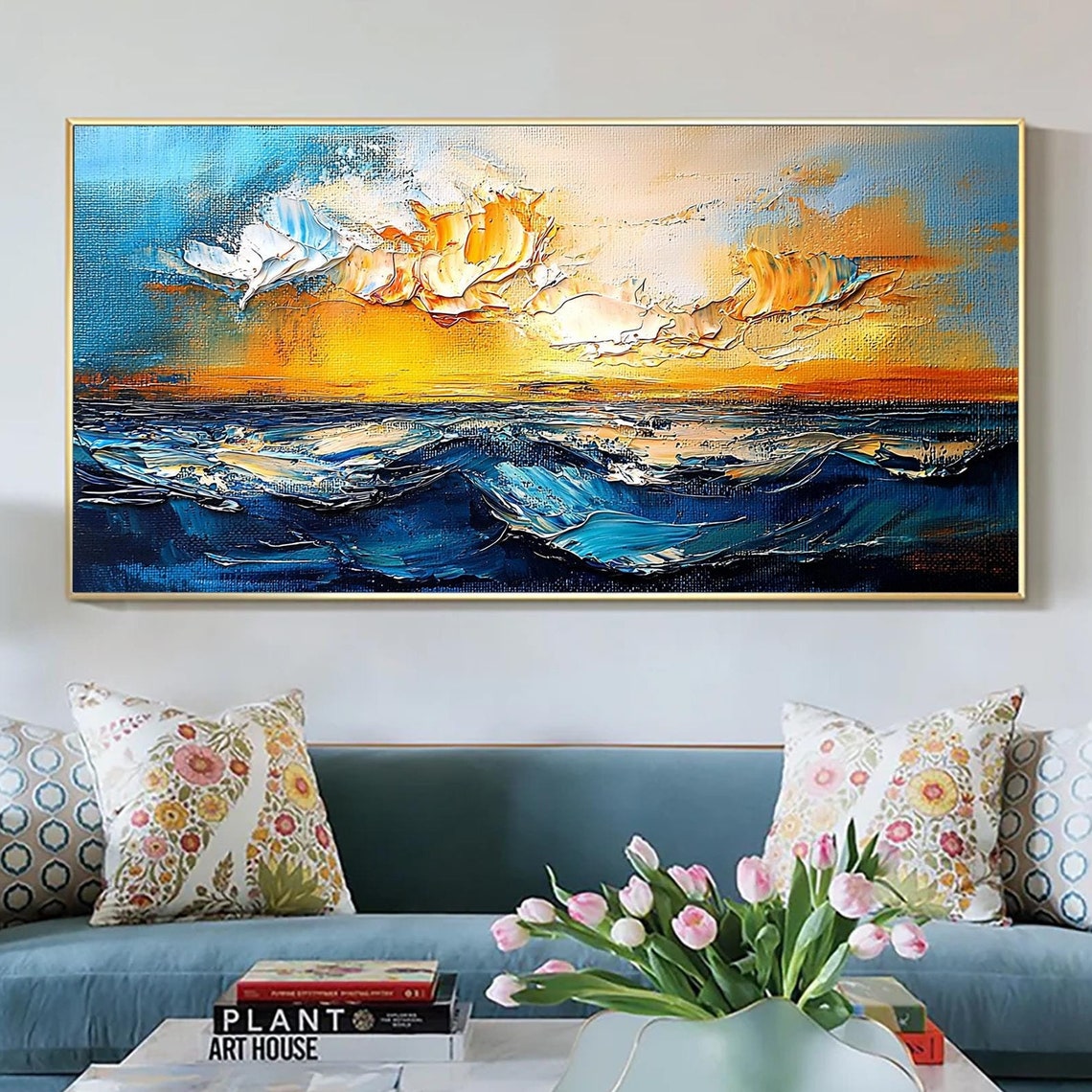 Dramatic Golden Sunset Ocean Waves Heavy Impasto Art Wall Poster - Image 3
