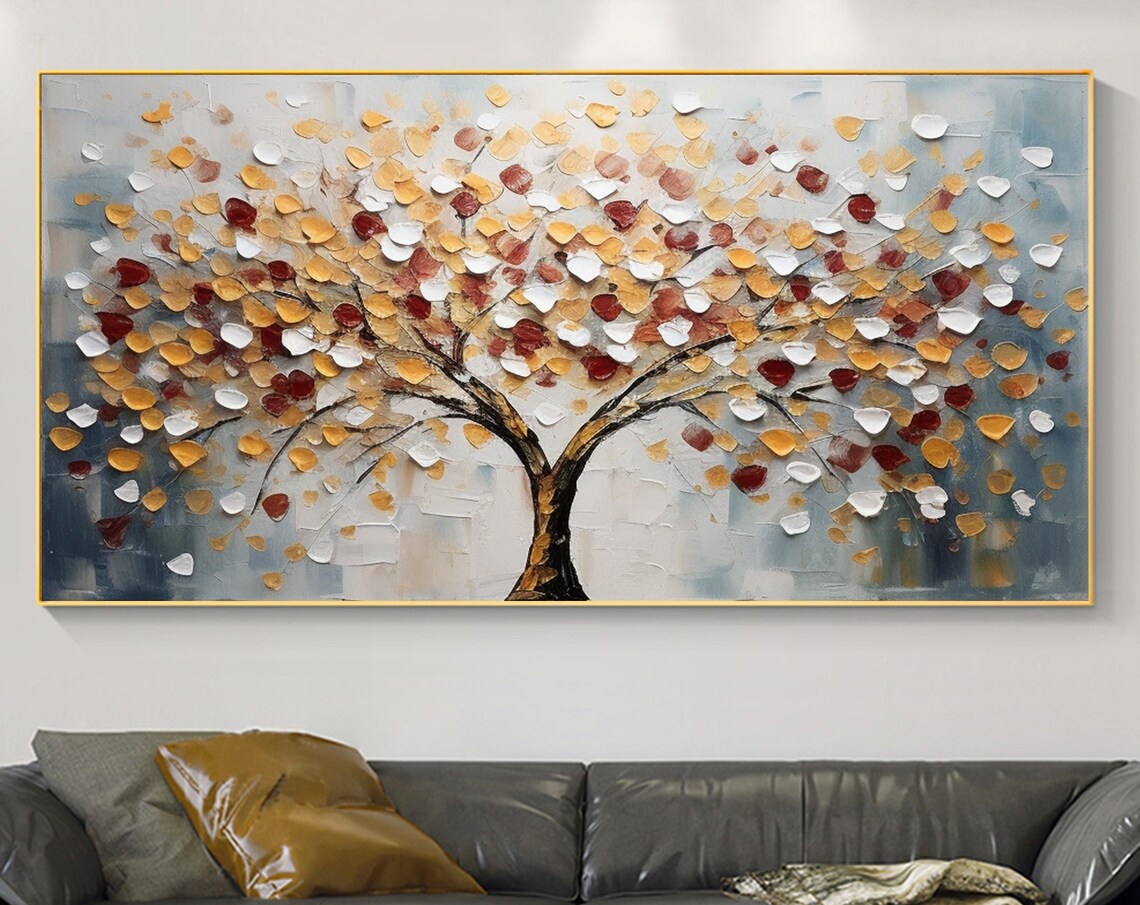 Autumn Tree of Life with Gold Red and White Leaves Oil Poster