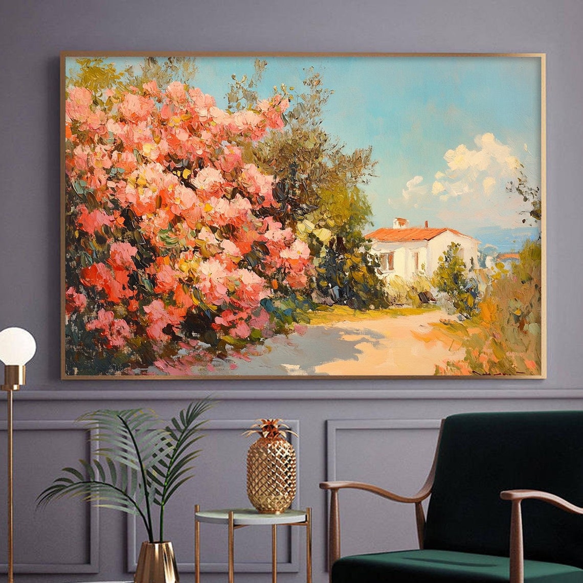 Pink Blossom Bushes Cottage Path Impressionist Landscape Poster