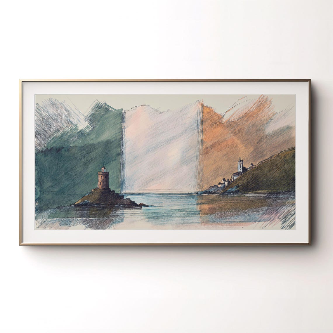 Ireland Coastline Sketch Round Tower Lighthouse Seascape Poster - Image 3
