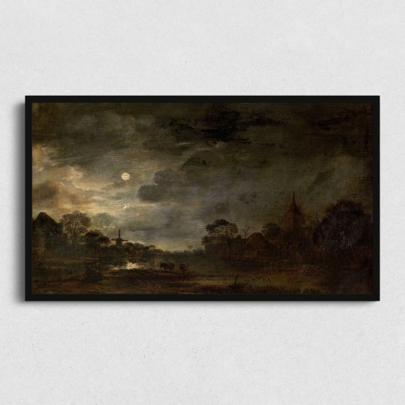 Halloween Full Moon Over Farm, Fall Landscape Art Print