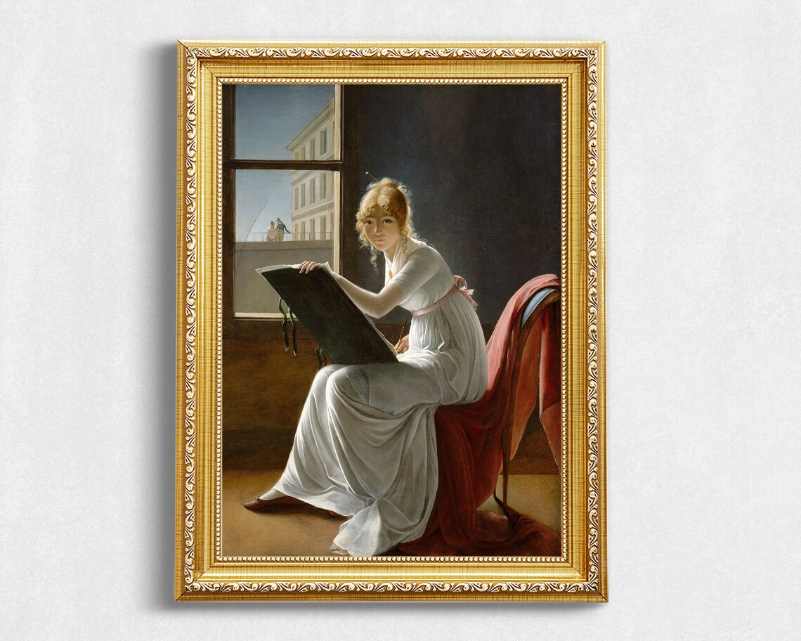 Marie-Denise Villers Young Woman Drawing Window Portrait Oil Painting Art Print - Image 2