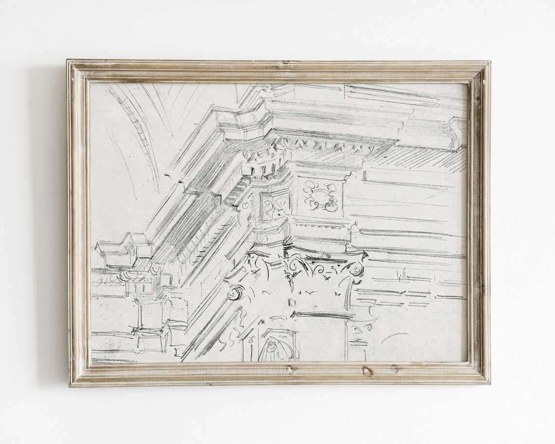 Vintage Architecture Line Art Sketch, Minimalist Art Print