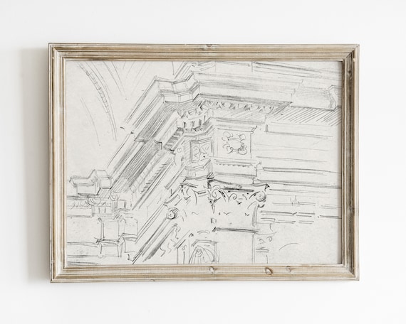 Vintage Architecture Line Art Sketch, Minimalist Art Print