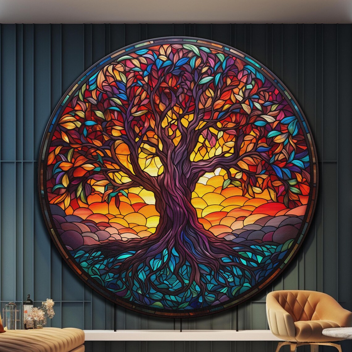 Tree of Life Round Stained Glass Sunset Roots Nature Wall Art Poster
