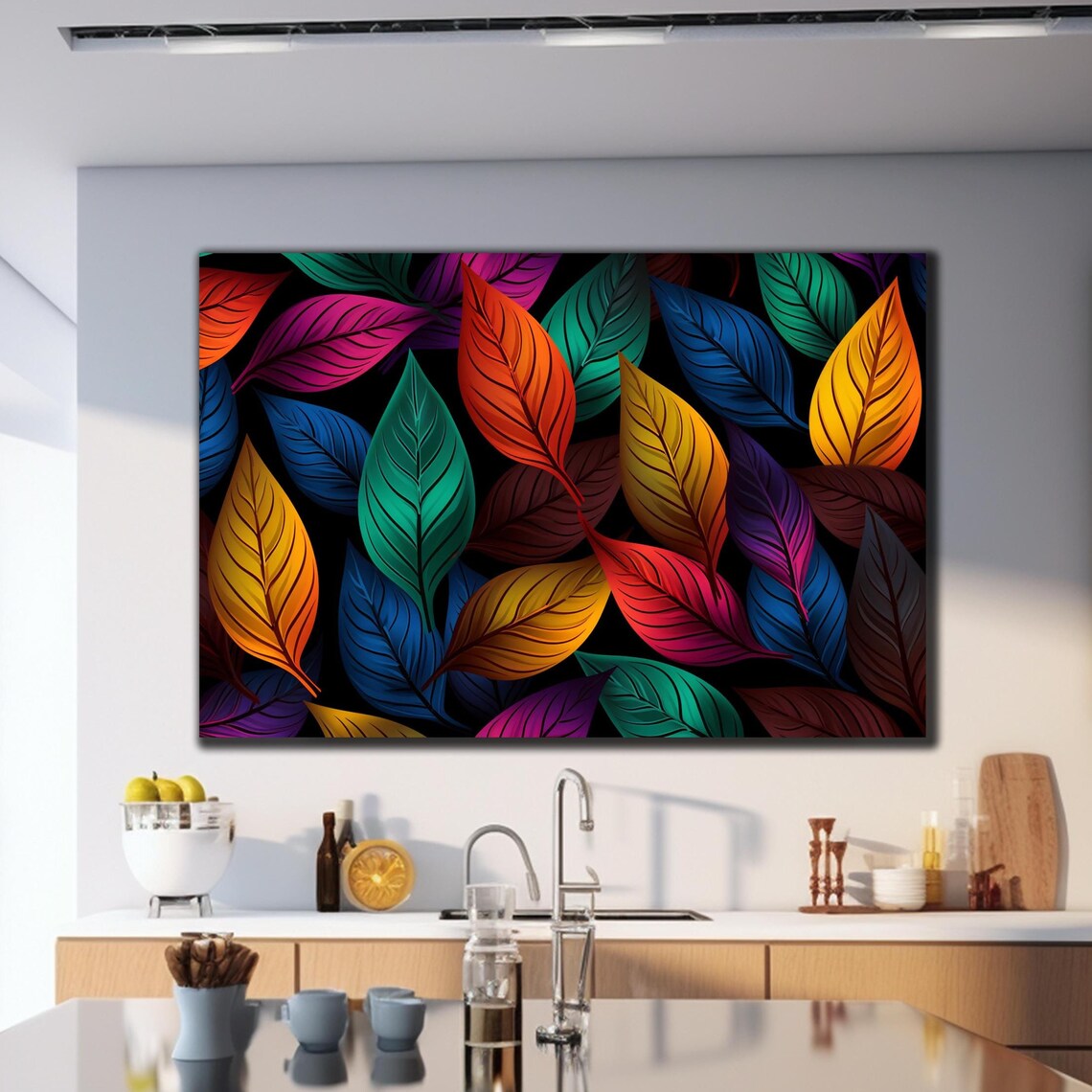 Colorful Rainbow Leaves on Black Tropical Botanical Glass Wall Art