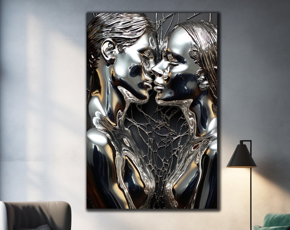 Silver Chrome Kissing Couple 3D Effect Romantic Love Wall Art Poster