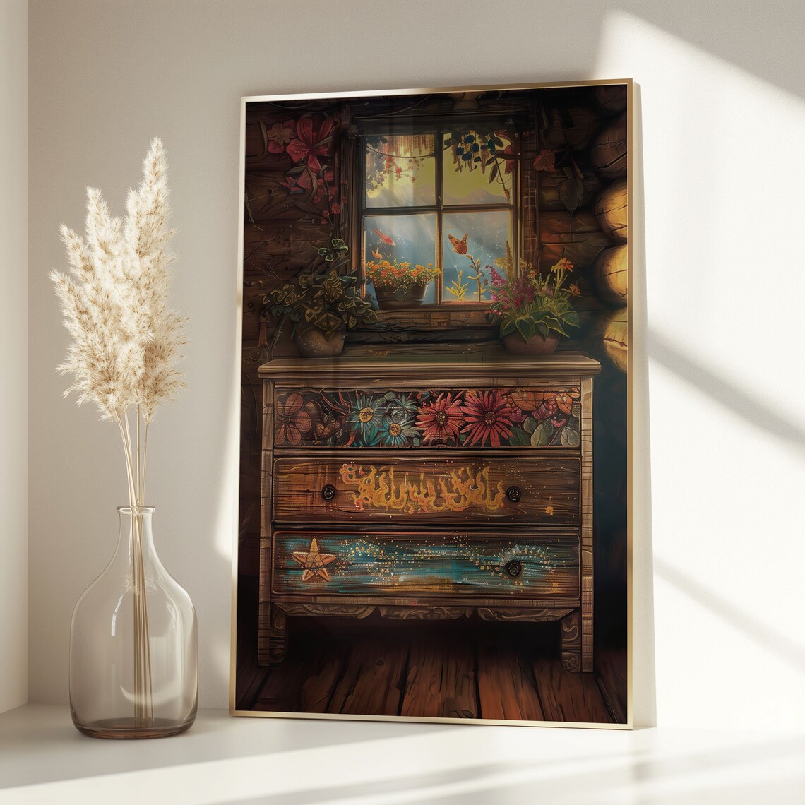 Cozy Log Cabin Folk Floral Painted Dresser Rustic Art Poster - Image 3