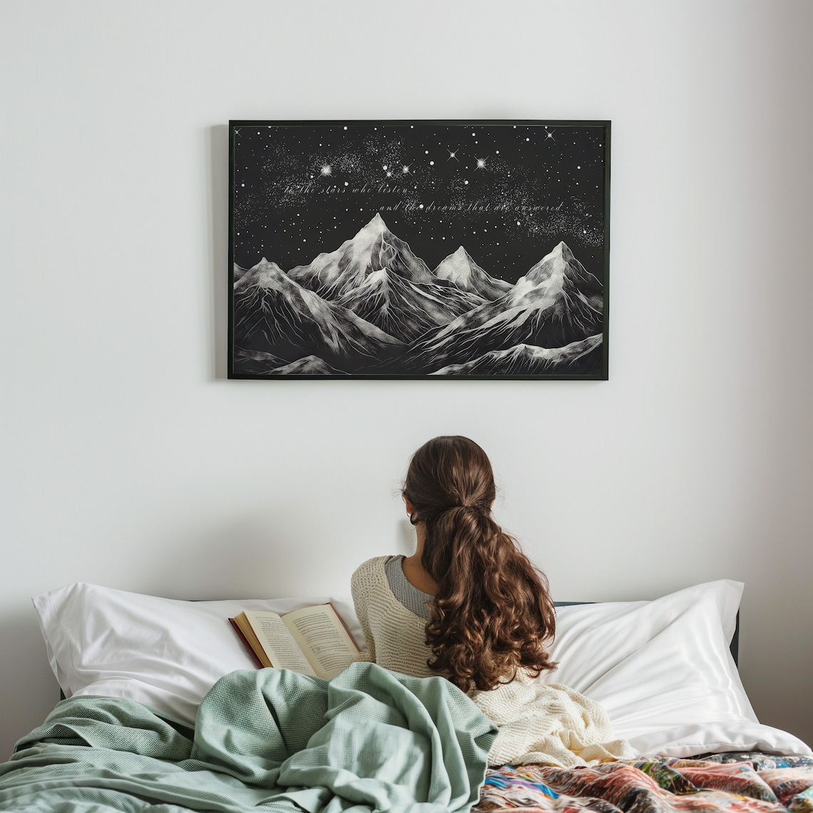 To The Stars Who Listen Monochrome Starry Peaks Quote Poster - Image 2