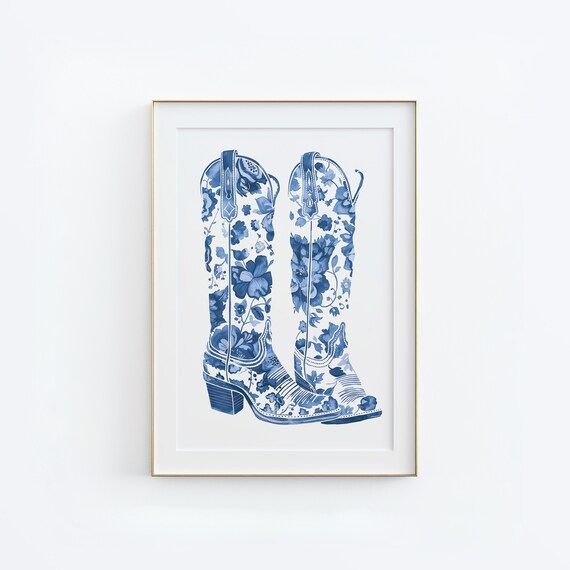 Blue Cowboy Boots Minimalist Western Art Print