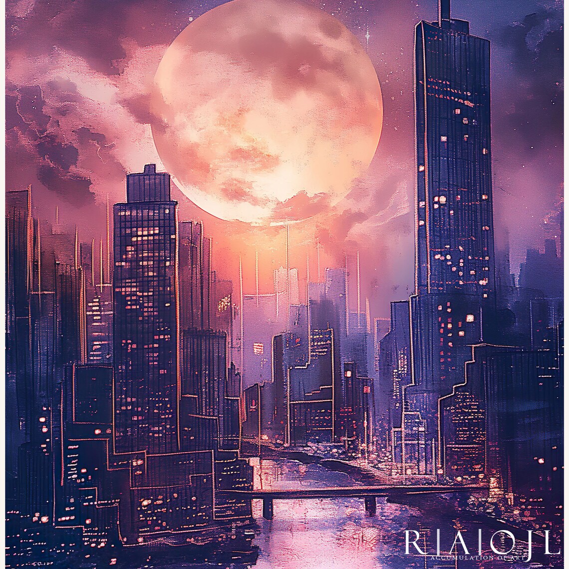 Lunathion Light It Up Blush Pink Moon Over Night City Poster - Image 4