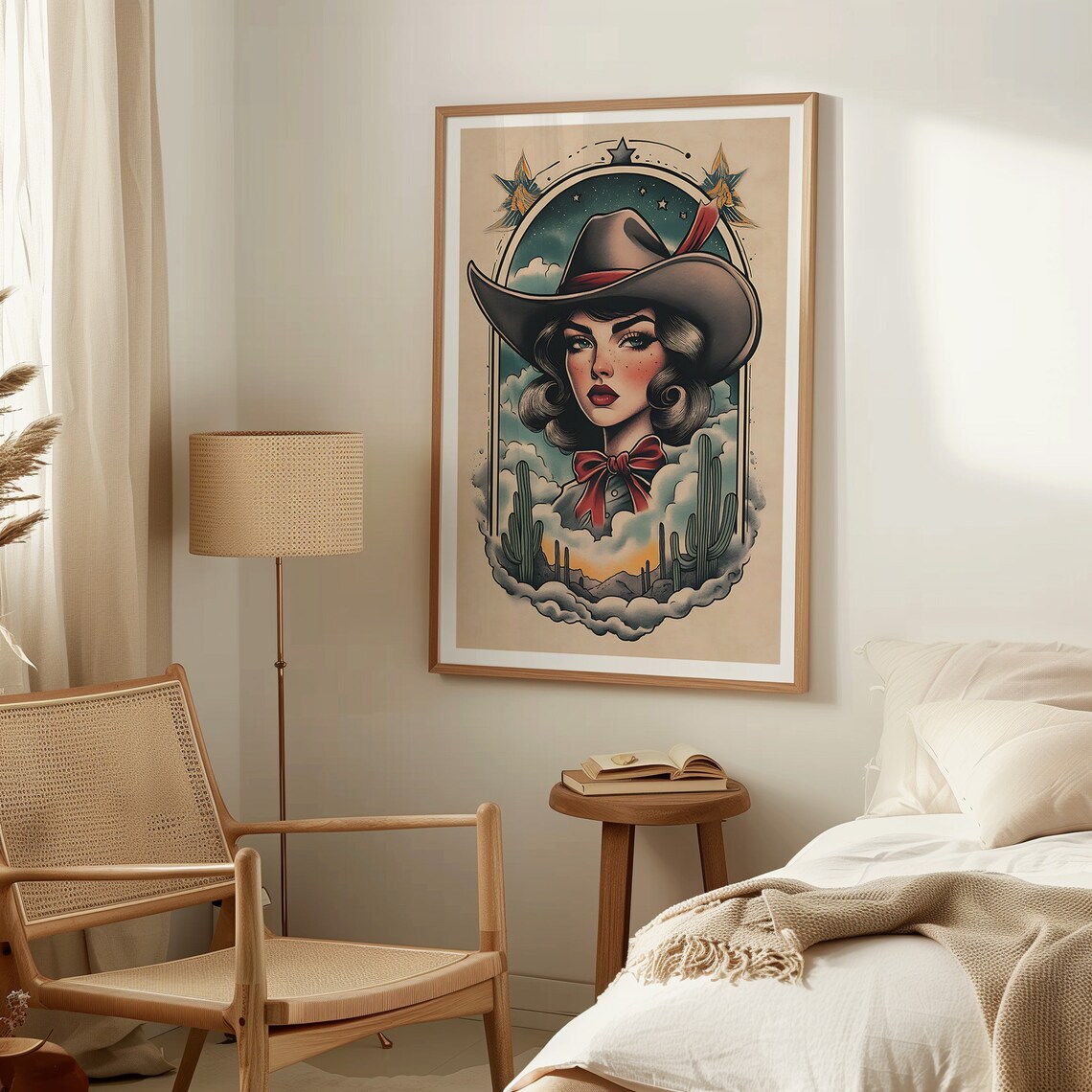 Vintage Tattoo Style Cowgirl Portrait Among Desert Cacti Poster - Image 3