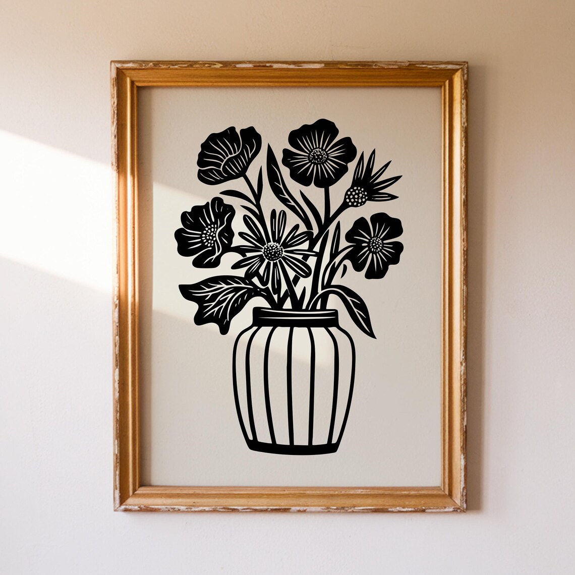 Black and White Botanical Flower Vase Hand Drawn Line Art Print