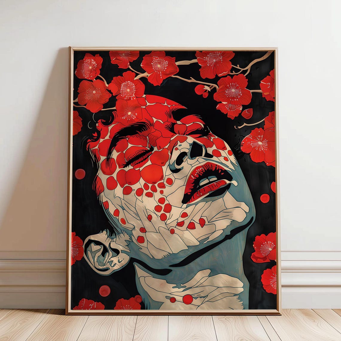 Red Cherry Blossom Woman Portrait Bold Japanese Pop Art Poster
