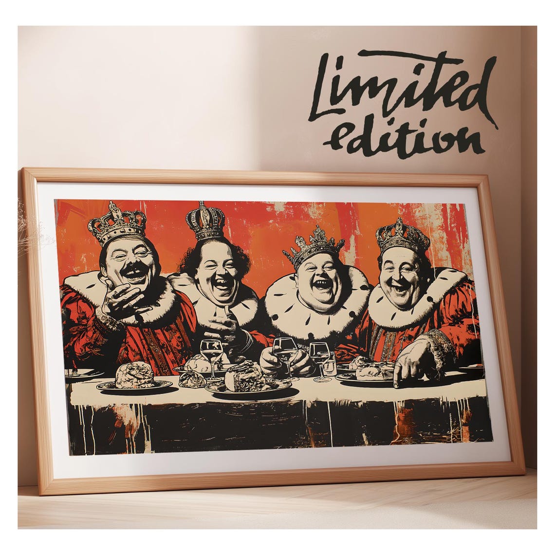 Four Laughing Crowned Kings Feasting Red Vintage Comic Poster