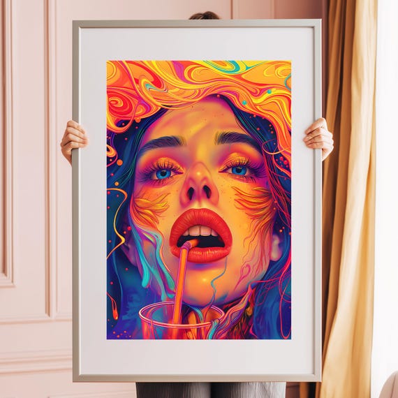 A Sip Colorful Portrait Illustration Art Wall Print Home Decor Psychedelic