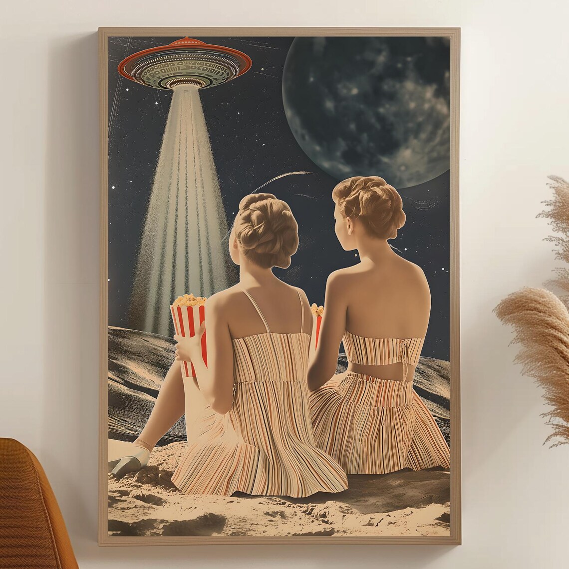 Retro Futuristic Collage Poster of Two Women Watching a Glowing UFO