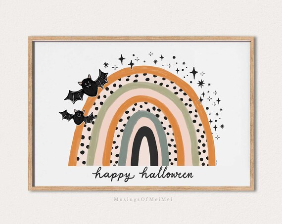Happy Halloween Boho Rainbow with Cute Bats Kids Room Poster