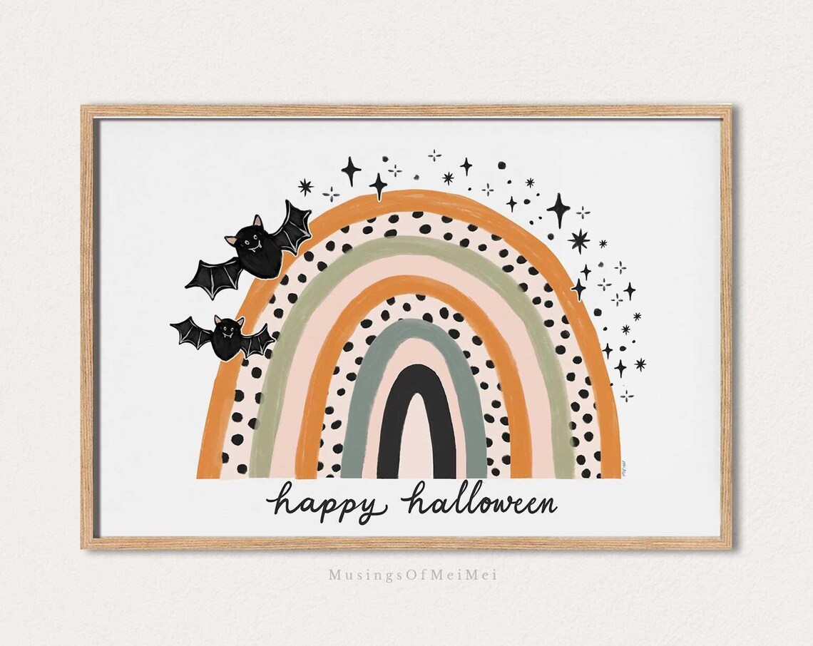 Happy Halloween Boho Rainbow with Cute Bats Kids Room Poster