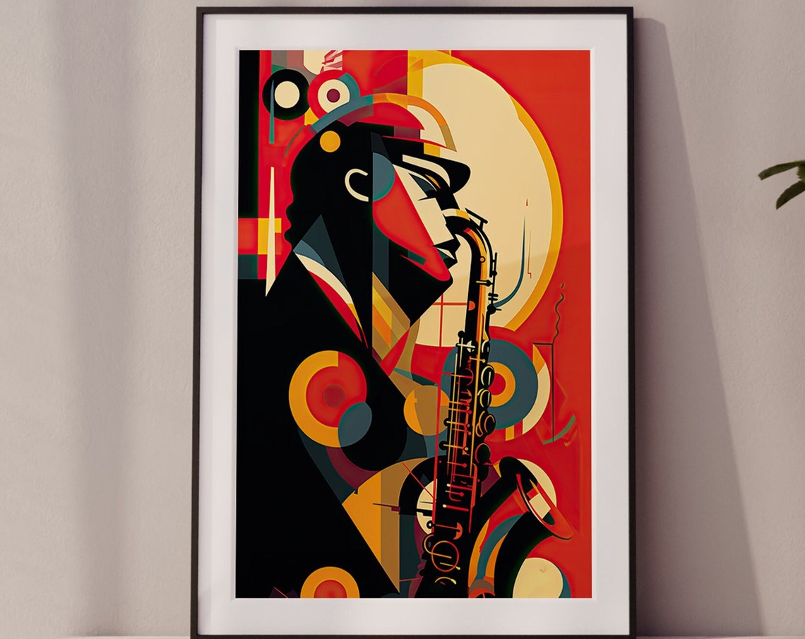 Geometric Saxophonist Red Black Orange Abstract Music Poster - Image 7
