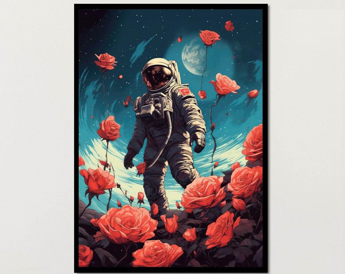Astronaut Walking Among Giant Red Roses Space Fantasy Art Poster - Image 7