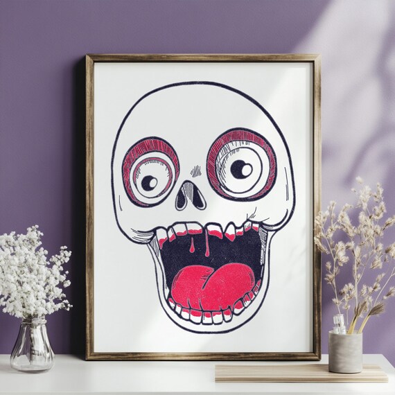 Quirky Skull Cartoon Hand Drawn Gothic Poster for Halloween Party Decor