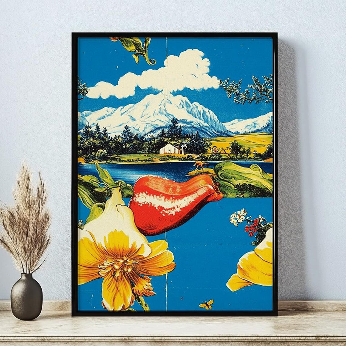 Surreal Retro Landscape Print Vintage Inspired Utopian Poster Bold Dreamlike 70s Wall Art