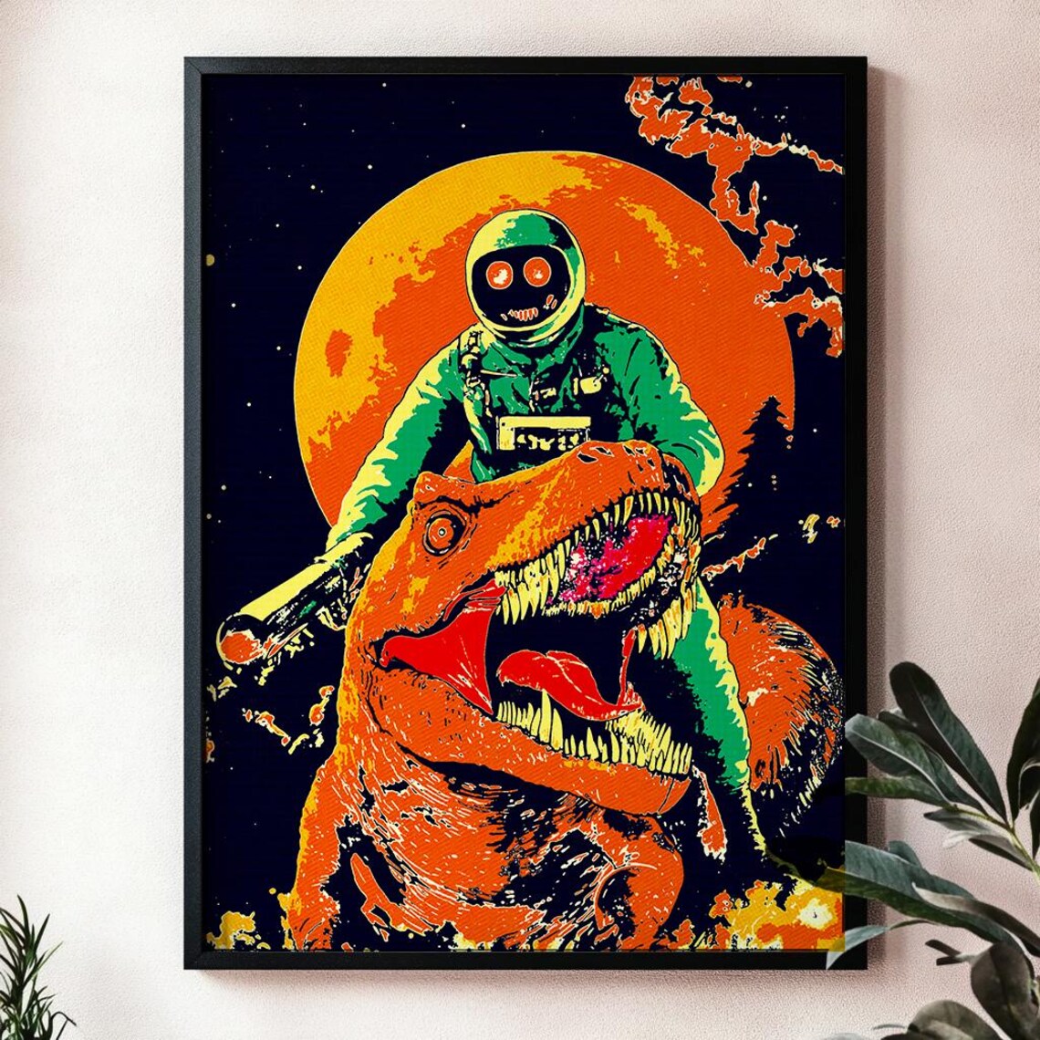 Astronaut Riding Dinosaur Cosmic Adventure Poster for Boys Bedroom Decor - Image 2