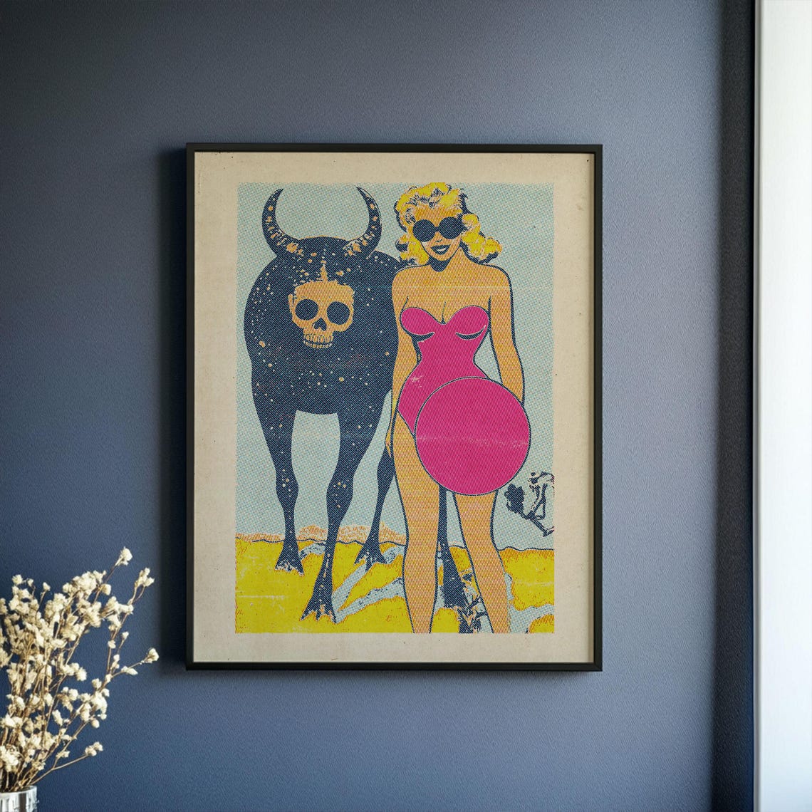 Surreal Pop Art Print Retro Fine Art Cosmic Skull Bull Glamorous Woman Wall Art - Image 5