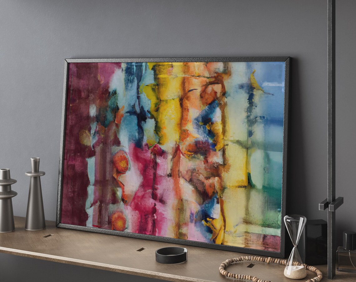 Colorful Abstract Oil Painting Pink Yellow Blue Modern Wall Poster