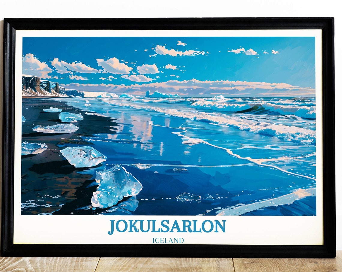 Jokulsarlon Iceland Black Sand Beach Ice Chunks Waves Poster