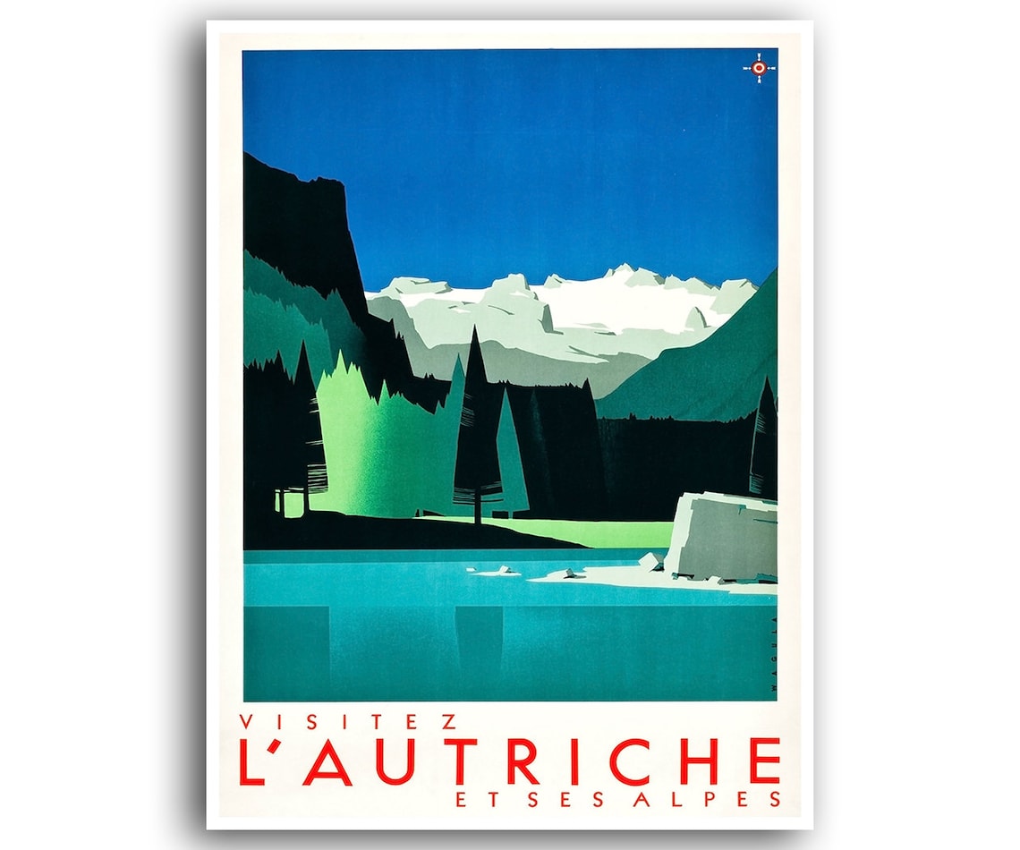 Austria Alpine Lake Vintage Travel Poster Snowy Peaks Pines Art