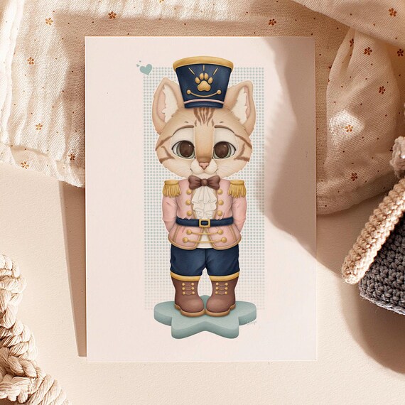 Cute Cat Nutcracker Soldier in Navy Uniform Adorable Christmas Holiday Print