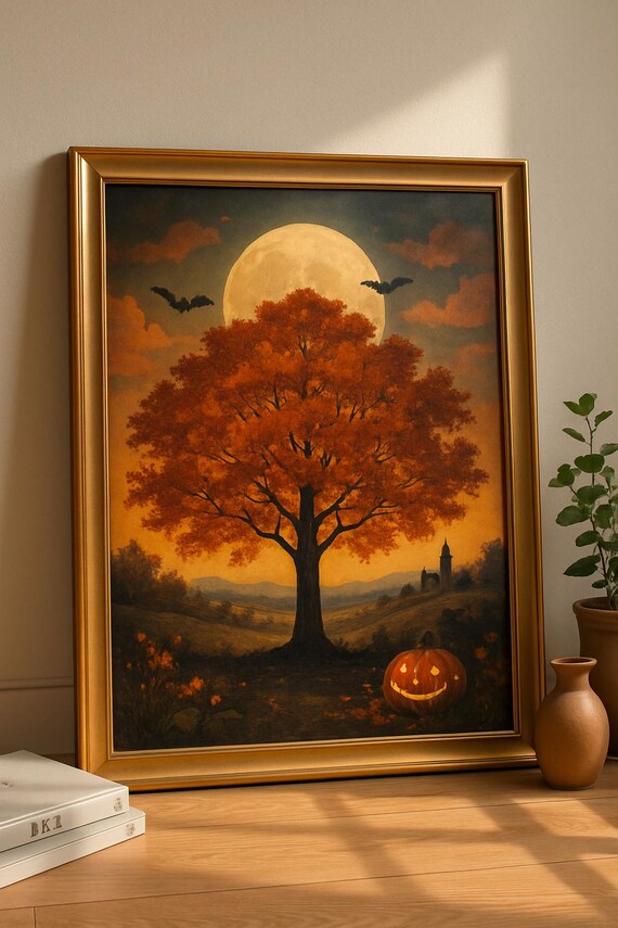 Halloween Tree Wall Art Autumn Pumpkin Print Cozy Fall Decor Golden Moon Landscape