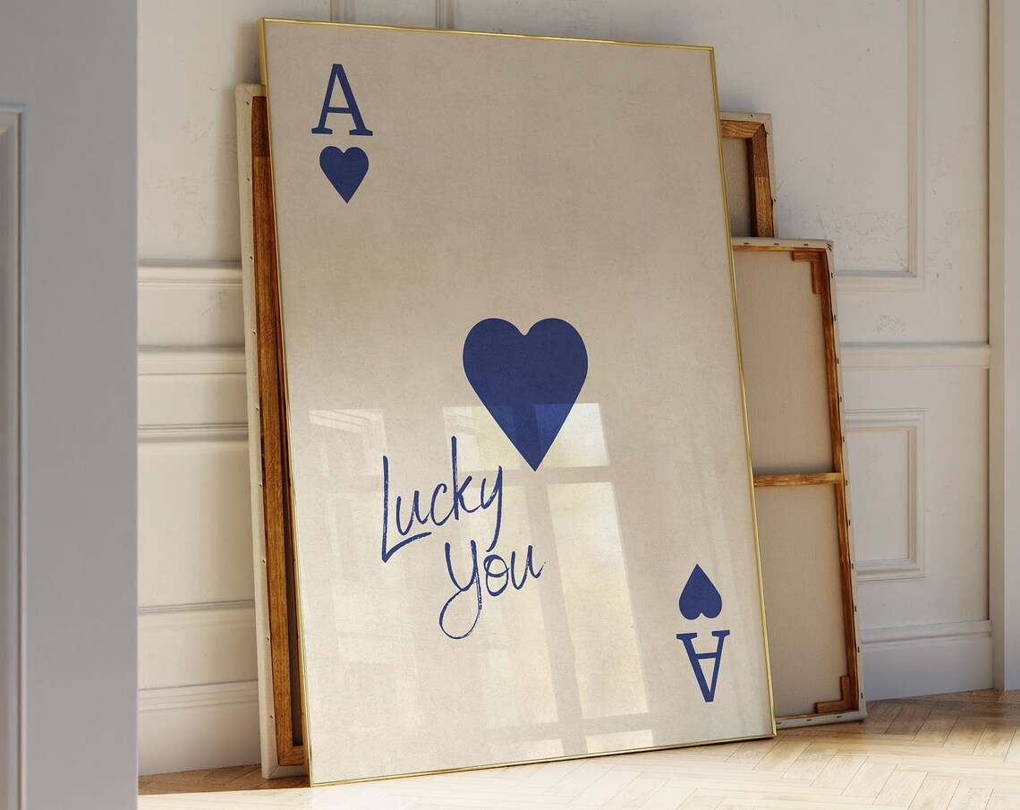 Lucky You Navy Ace of Hearts Playing Card Retro Style Poster