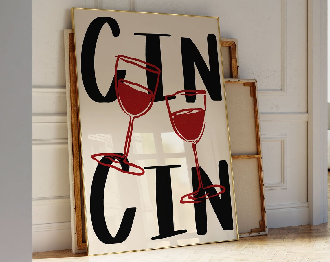 Cin Cin Wine Retro Poster, Bar Cart Wall Art