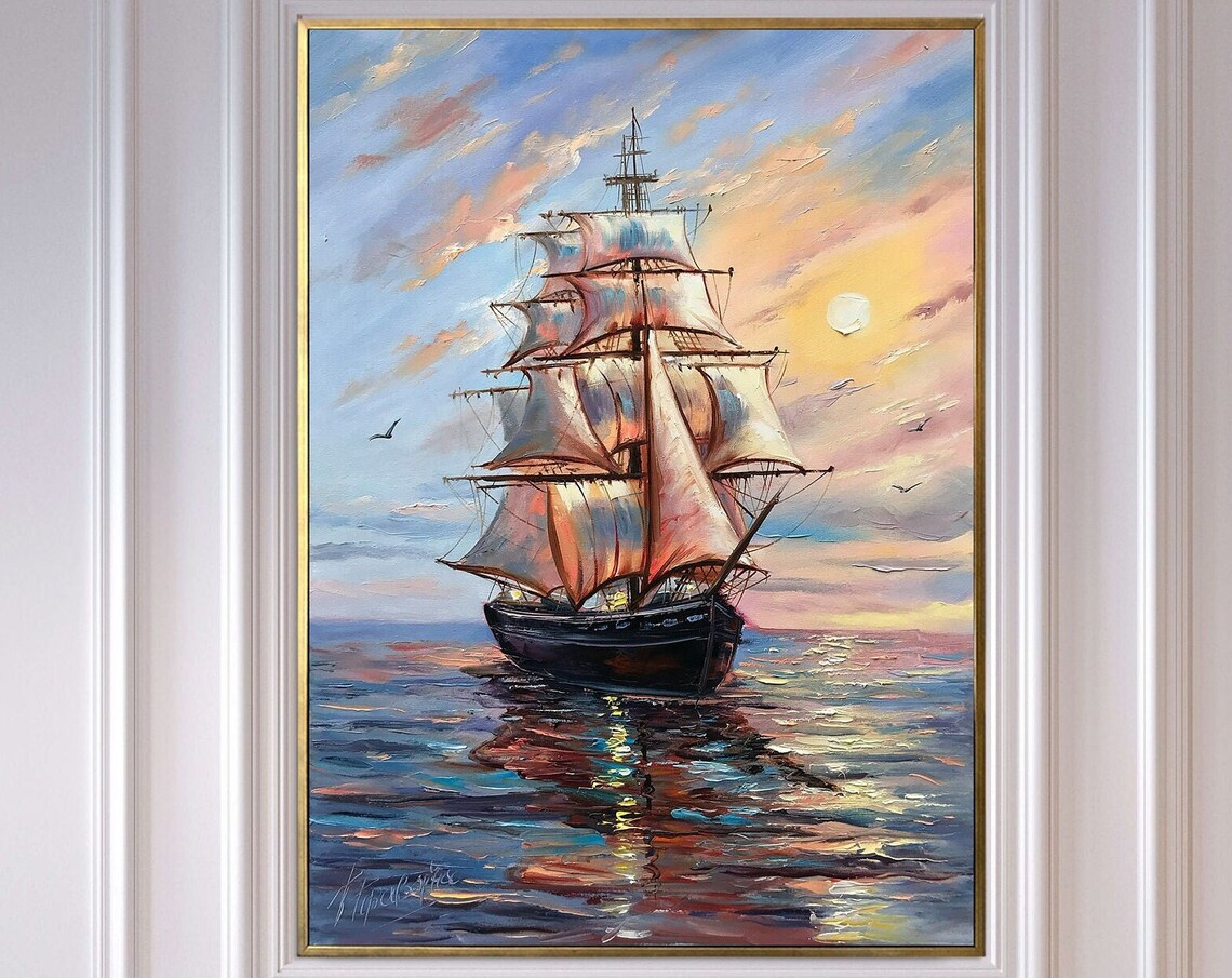 Tall Ship Full Sails Sunset Ocean Voyage Golden Framed Seascape Poster