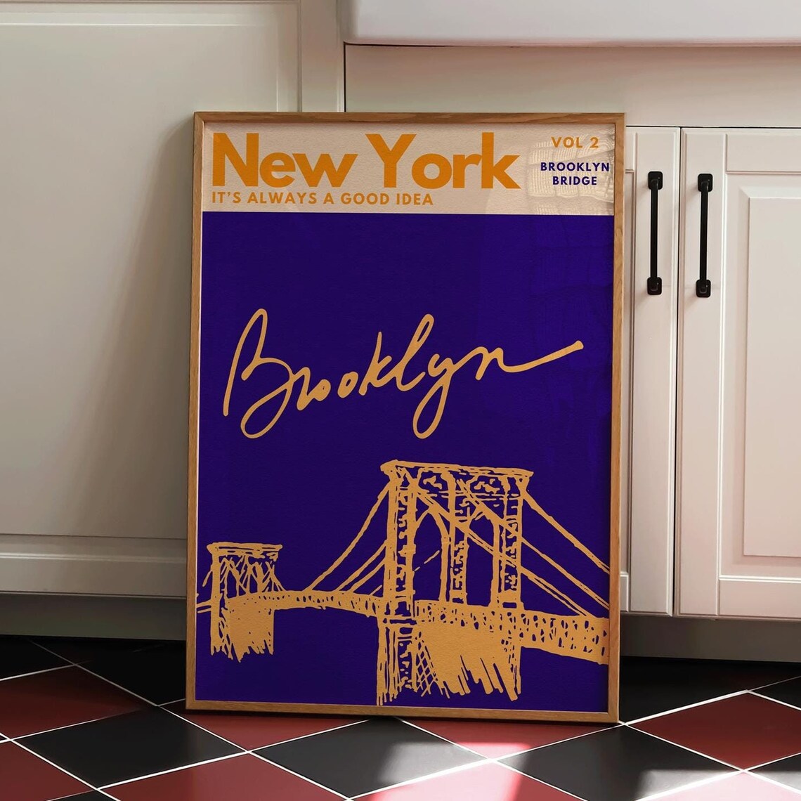 Brooklyn Bridge New York Poster with Gold Sketch on Deep Blue - Image 2