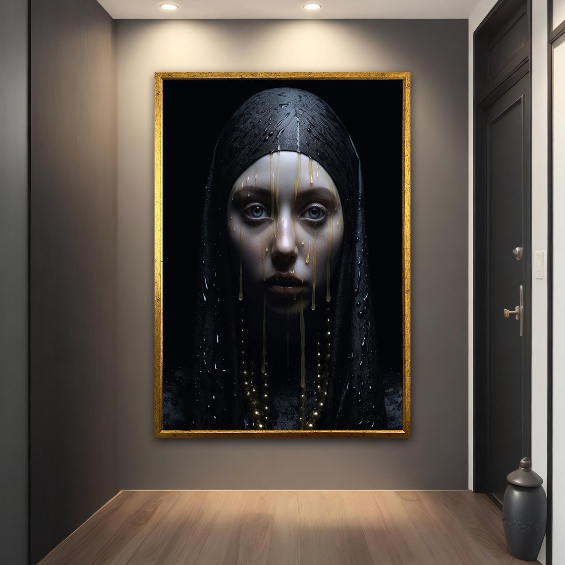 Dark Veiled Woman Golden Tears Dramatic Gothic Portrait Art Poster - Image 3