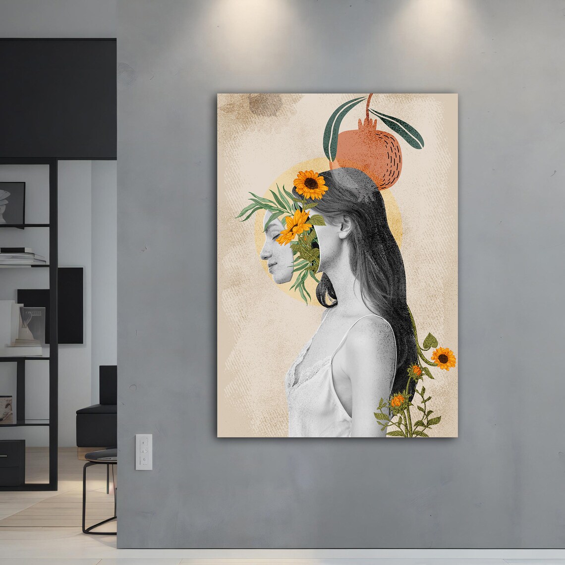 Woman Sunflower Face Floral Collage Pomegranate Botanical Art Poster - Image 3