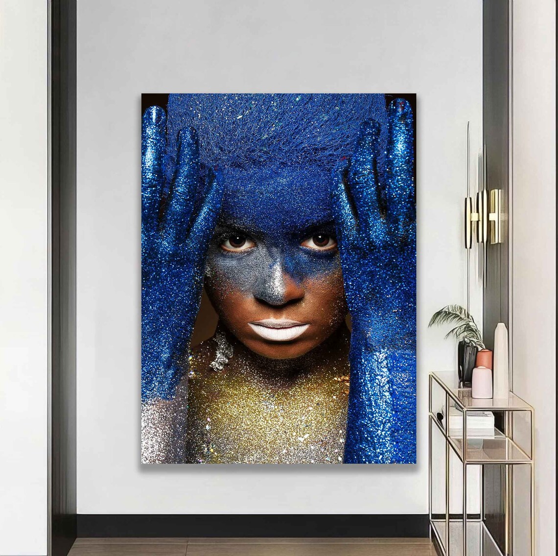 Blue And Gold Glitter Women Glitter Women Wall Art Glitter Woman Wall Art Make Up Woman Painting - Image 4
