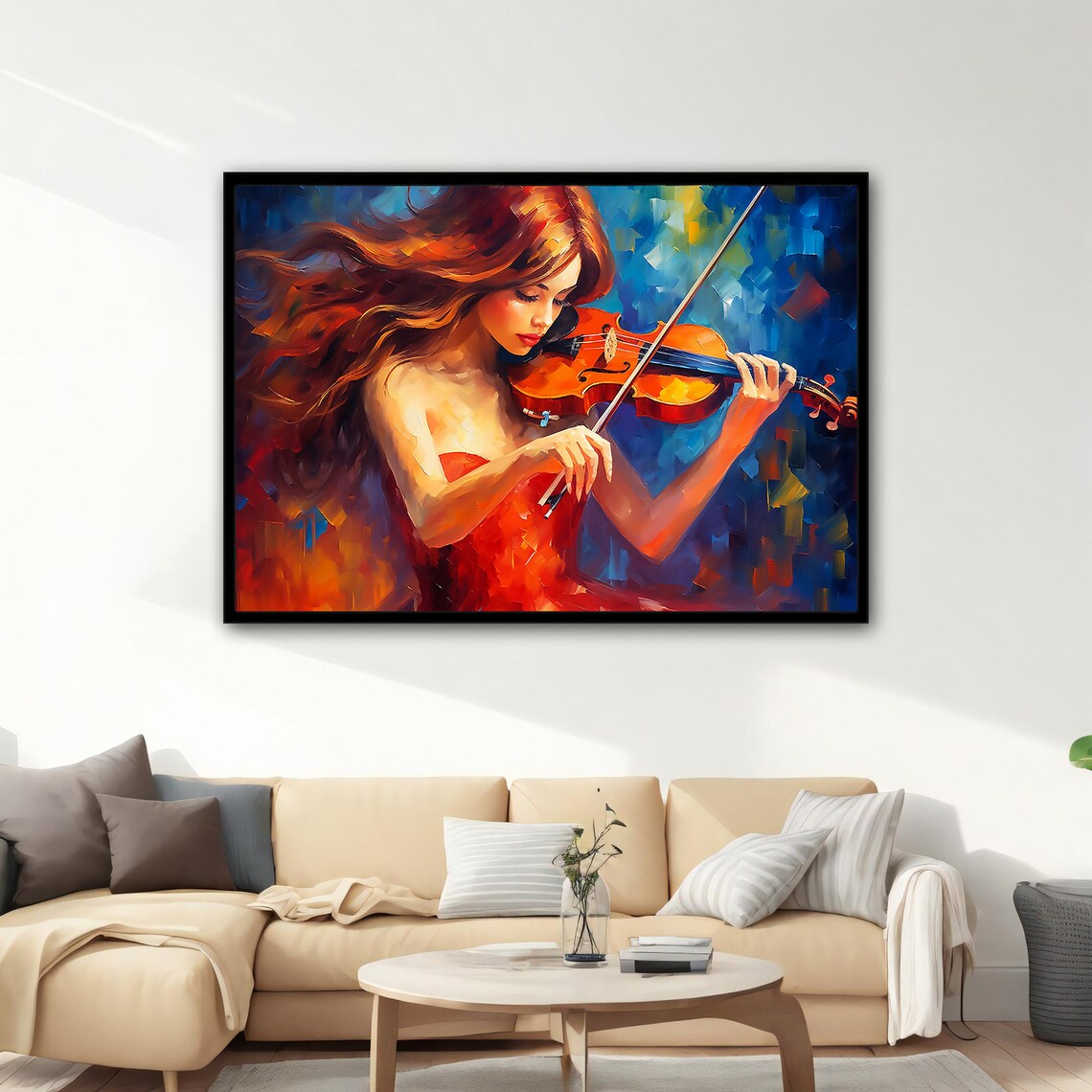 Violinist Woman in Red Dress Oil Painting Blue Musical Art Poster - Image 4