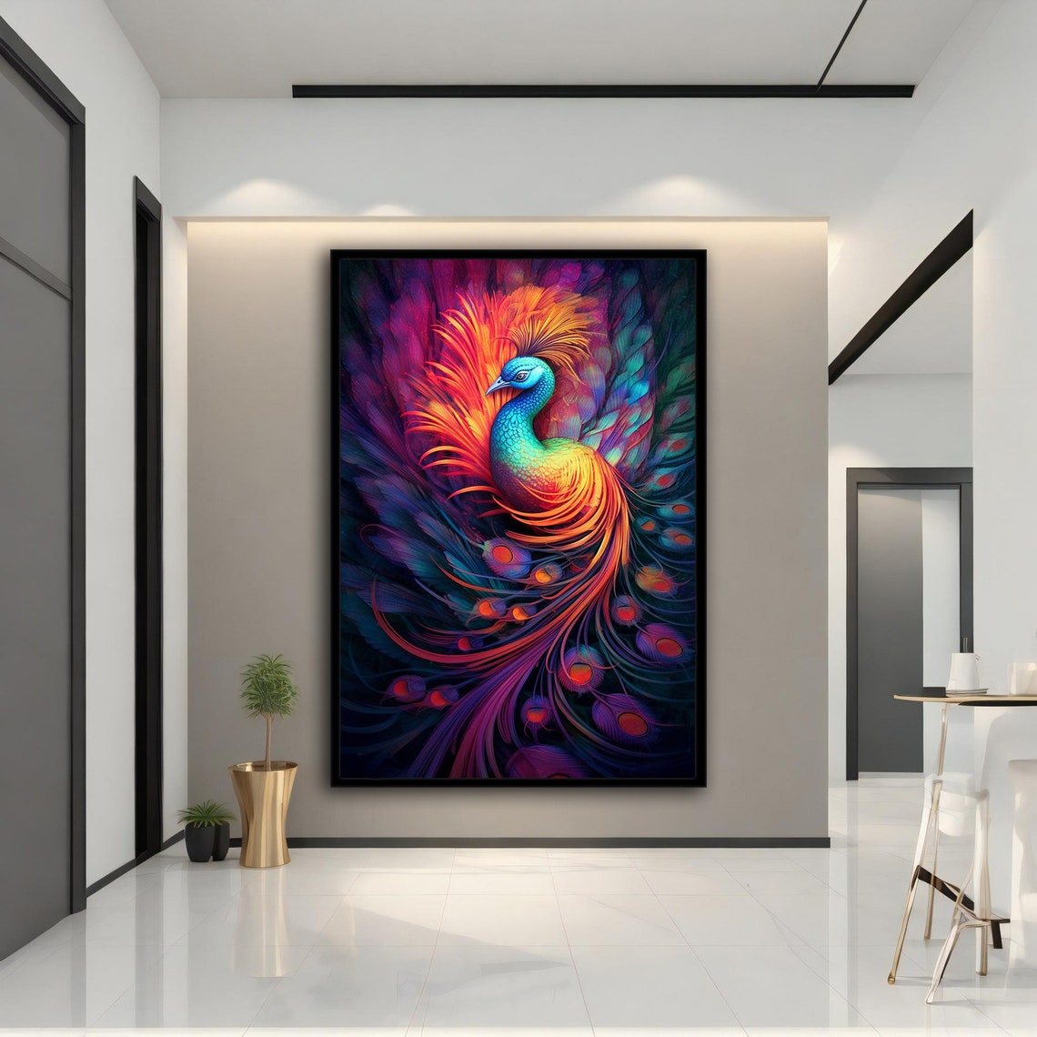 Neon Multicolor Peacock Dark Background Exotic Wall Art Poster - Image 3