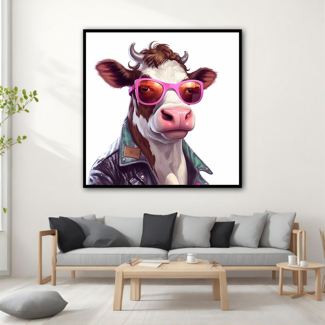 Funny Cow Wearing Pink Sunglasses Leather Jacket Animal Art Poster - Image 5