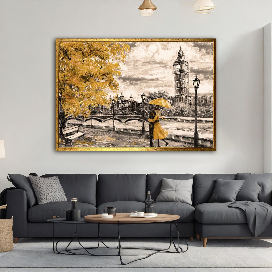 London Big Ben Golden Rainy Day Couple Umbrella City Art Poster - Image 3