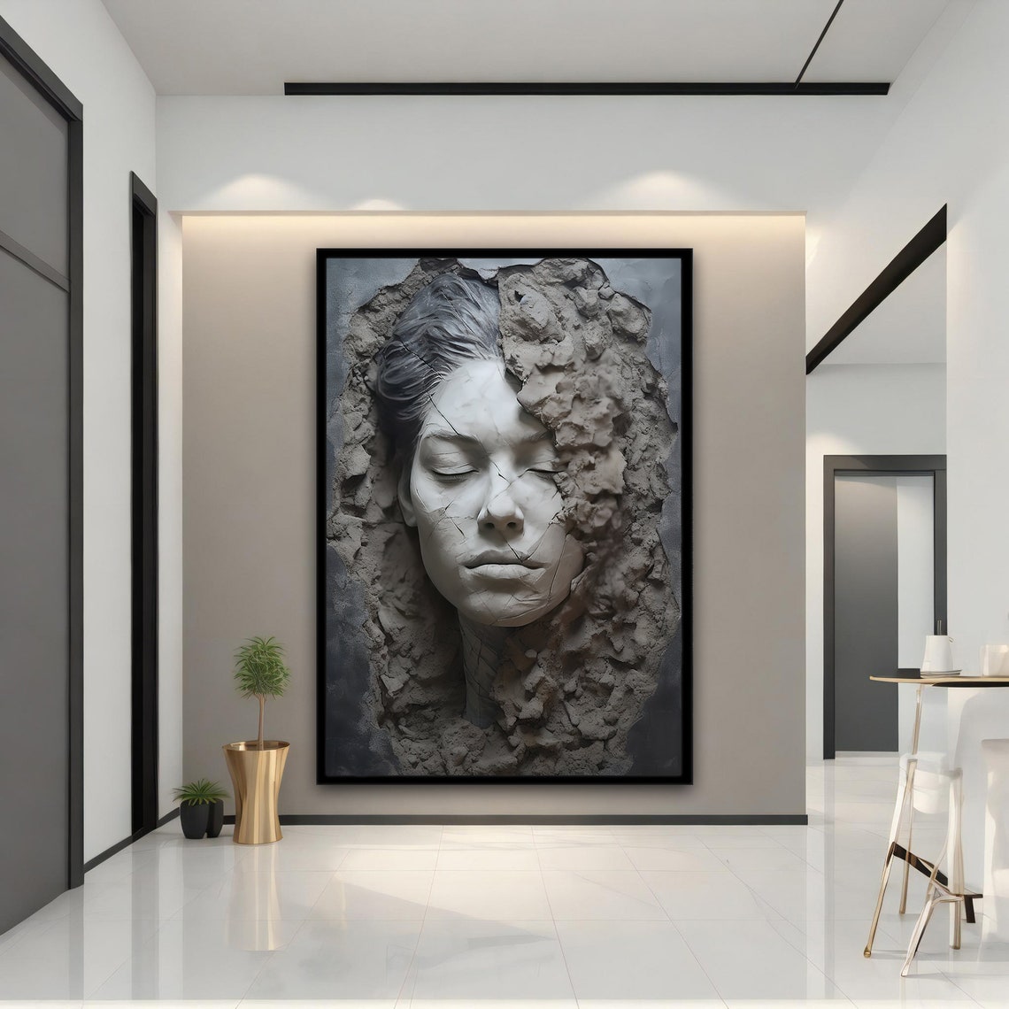 3D Plaster Woman Face Emerging Cracked Concrete Sculpture Art Poster - Image 5