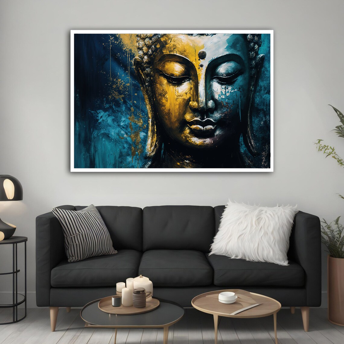 Golden Buddha Face Blue and Gold Meditation Zen Wall Art Poster - Image 3