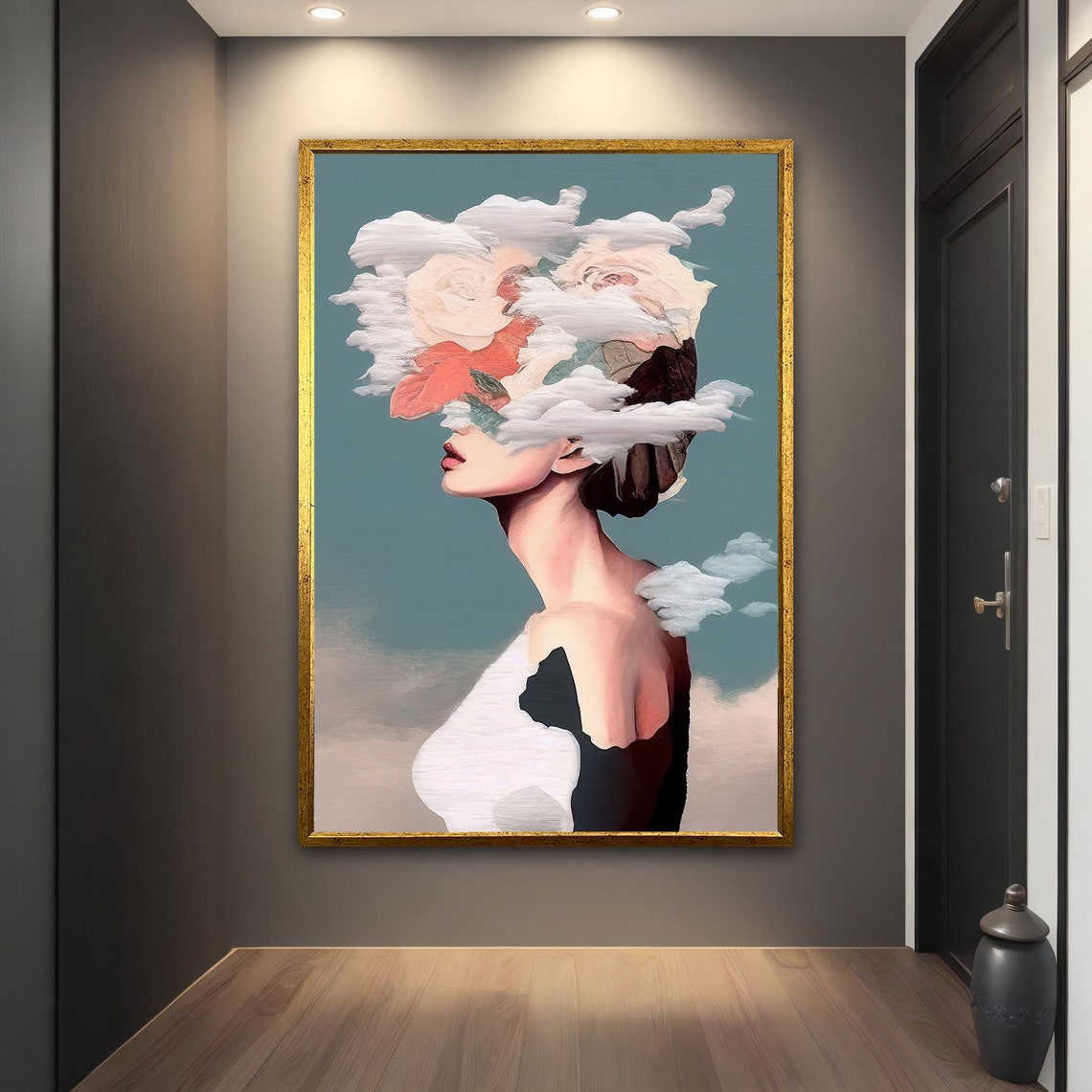 Woman Head Clouds Roses Surreal Profile Teal Background Art Poster - Image 2