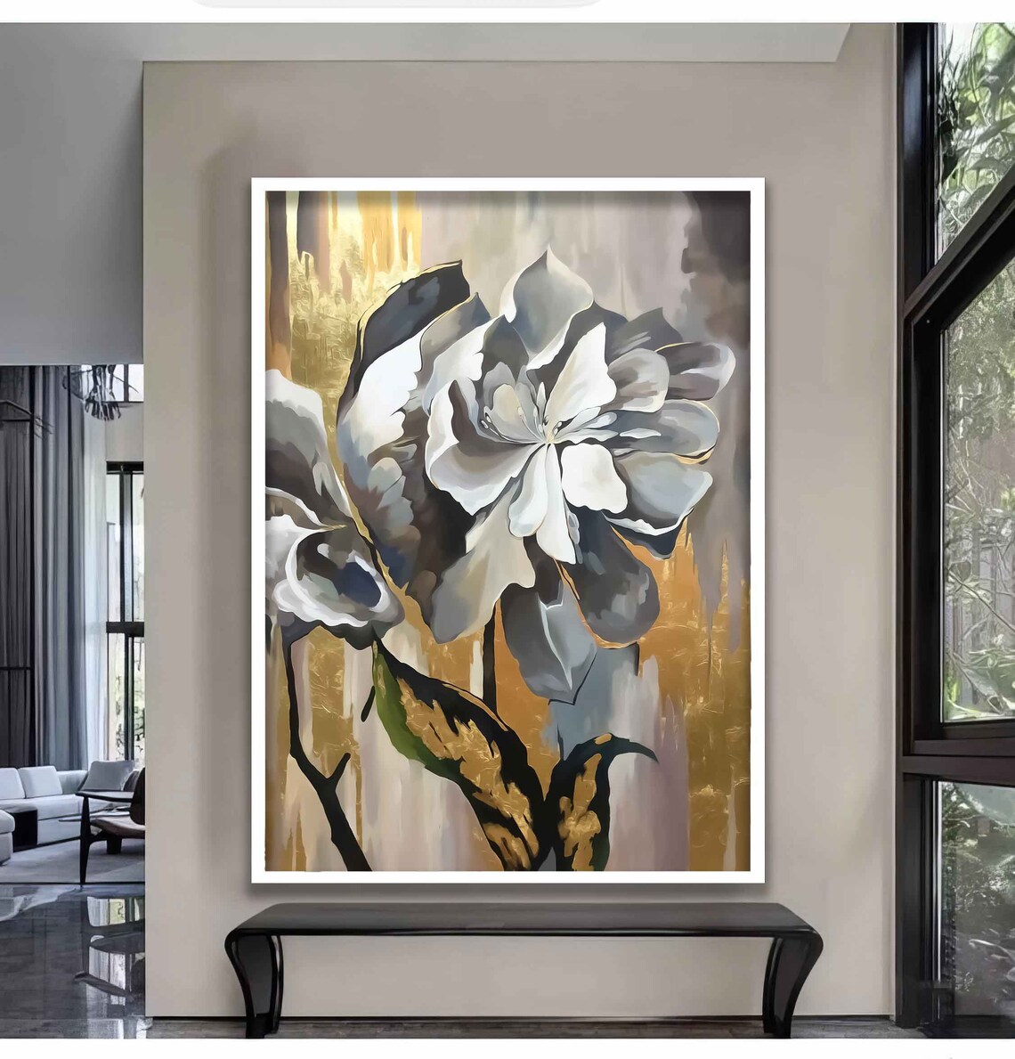 White Flower Golden Abstract Background Floral Painting Wall Poster - Image 4